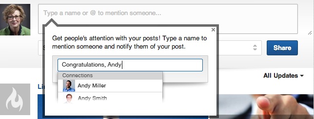 LinkedIn Mentions in your Status Update Area