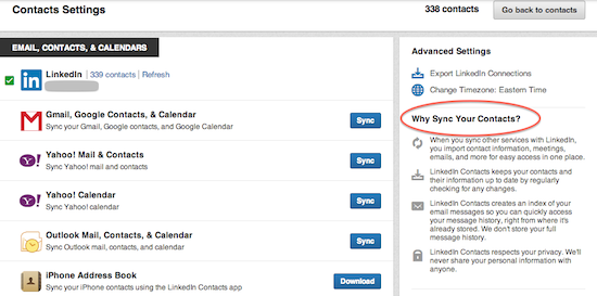 LinkdedIn Contacts Settings