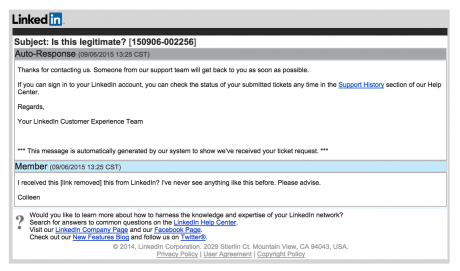 LinkedIn acknowledgement