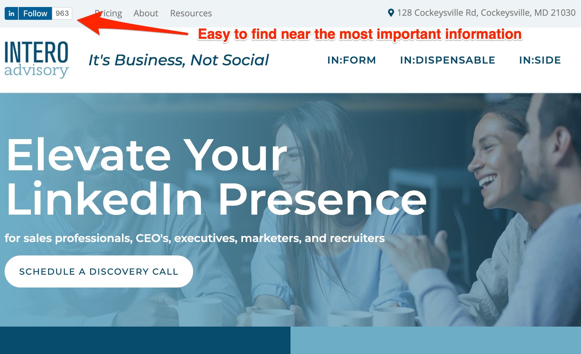 LinkedIn Follow Button in header navigation of website
