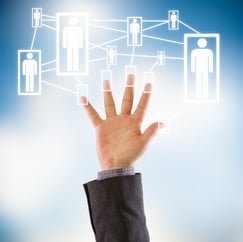 Business hand showing five fingers connected to a virtual social network