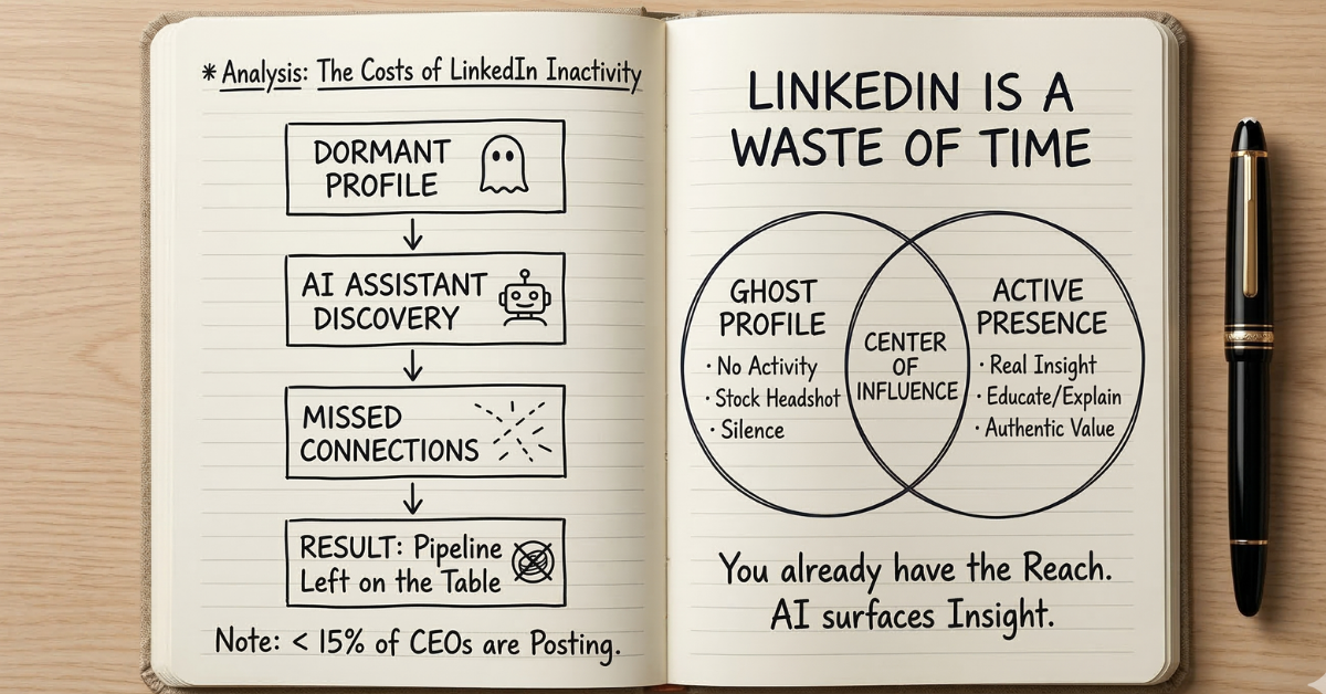 Notebook style two-page spread. Left page headed Analysis: The Costs of LinkedIn Inactivity shows a flowchart: Dormant Profile leads to AI Assistant Discovery leads to Missed Connections leads to Result: Pipeline Left on the Table. Note at bottom reads: Less than 15% of CEOs are Posting. Right page shows a Venn diagram with Ghost Profile on the left listing No Activity, Stock Headshot, Silence, and Active Presence on the right listing Real Insight, Educate and Explain, Authentic Value, with Center of Influence in the overlap. Bottom reads: You already have the Reach. AI surfaces Insight.