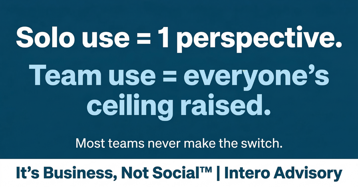 Bold typographic graphic on dark teal background. Text reads: Solo use equals 1 perspective. Team use equals everyone's ceiling raised. Most teams never make the switch. Footer bar reads: It's Business, Not Social™ | Intero Advisory.